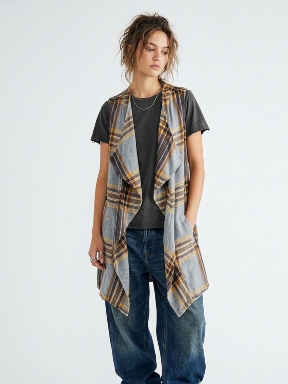 Cato Vest Flannel Plaid Ruffle Boho Grunge Gray XL